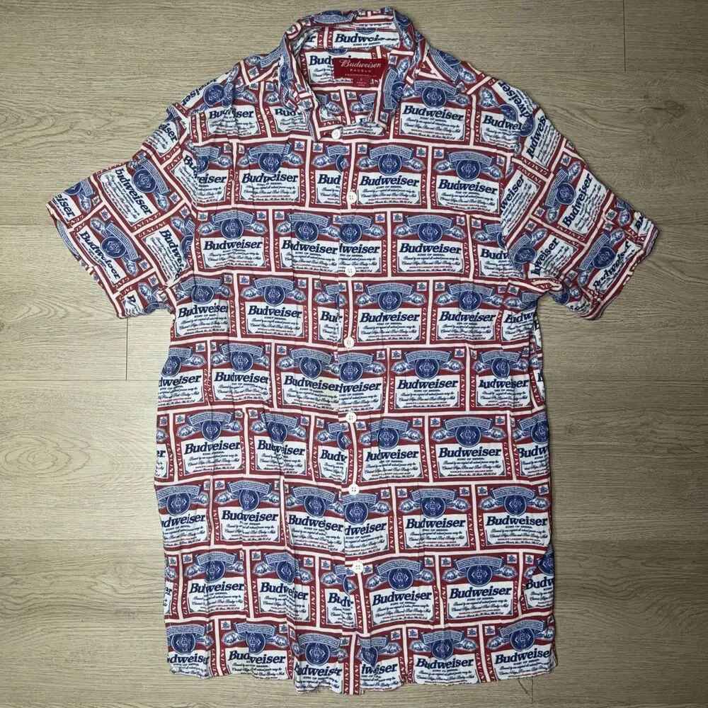 Pacsun x Budweiser All Over Print Beer Label Short Sleeve Shirt Mens Size Small⁠